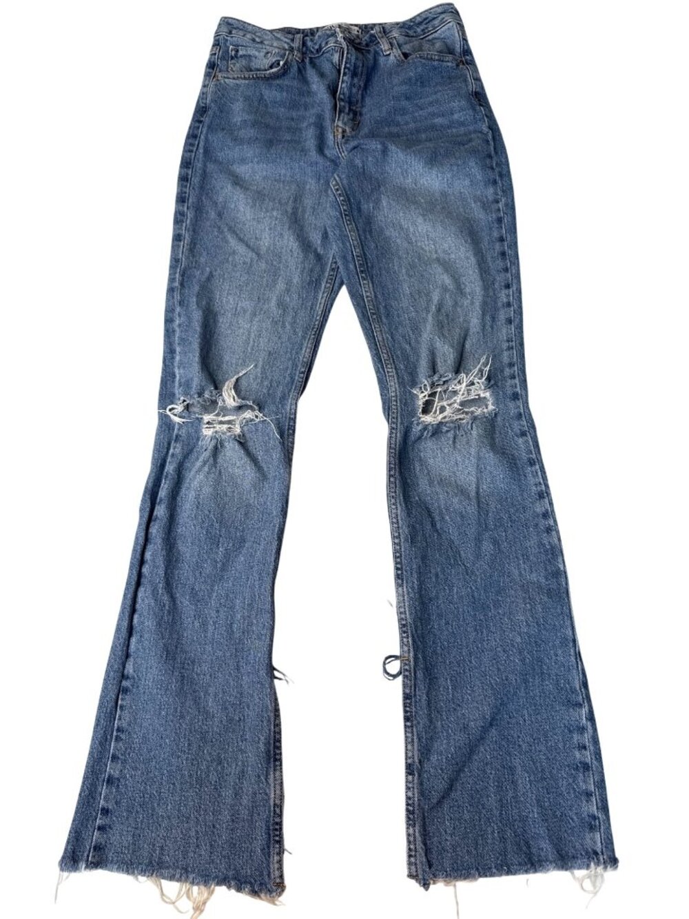Zara Distressed Flared Blue Jeans With Frayed Hems Womens Size 8